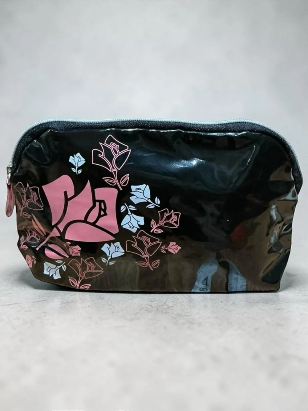 Lancôme Patent Floral Makeup Bag Cosmetic Pouch Travel Case Black Pink